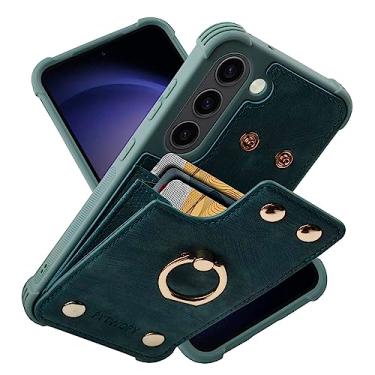 Imagem de PYTWOPY Capa carteira para Galaxy S23 com suporte para cartão de crédito, capa protetora de couro à prova de choque suporta anel de rotação de 360° e bloqueio de RFID para Samsung Galaxy S23 de 6,1 polegadas, azul e verde