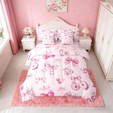Imagem de Erosebridal Conjunto de edredom solteiro com laço rosa cereja rosa e laço rosa sonhador em uma bolsa para decoração de quarto de crianças, adolescentes e mulheres, conjunto de cama com laço fofo, 7