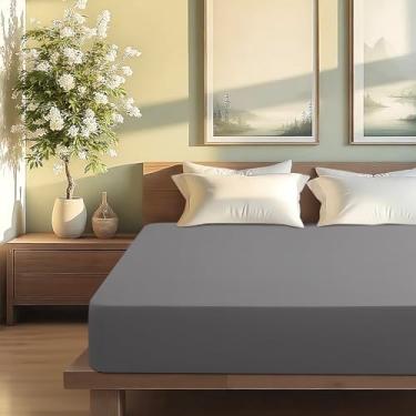 Imagem de Acnalboma Lençol King de algodão egípcio de 1000 fios, ultra-macio, de luxo, tecido acetinado respirável e confortável, cabe até 46 cm, cinza, 198 x 203 cm