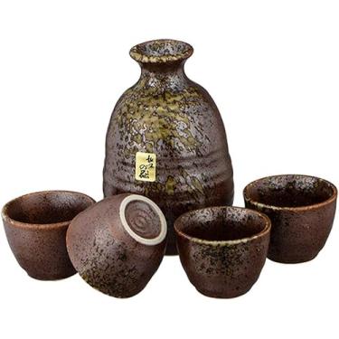 Imagem de JOEUQK Conjunto de 5 peças de saquê japonês inclui 1 garrafa de saquê e 4 peças de conjunto de copos de saquê de cerâmica, azul