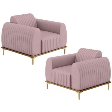 Imagem de Kit 02 Poltronas Decorativas Base De Madeira e Pés D'Ouro Molino D02 Veludo Rosê C-305 - Lyam Decor