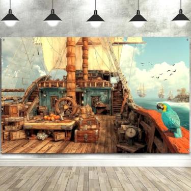 Imagem de 2,1 x 1,5 m, fundo de navio pirata, leme de madeira, baús de tesouro, papagaio, pássaros, oceano, velejador, navio, piratas, fotografia de fundo com tema pirata, decoração de festa, faixa de fundo