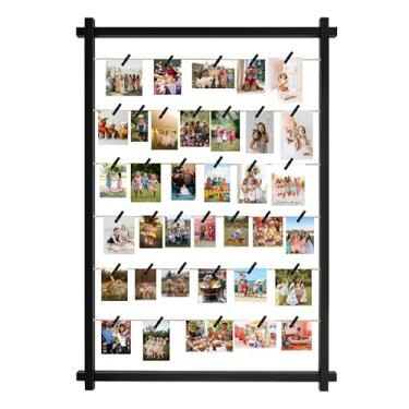 Imagem de Porta-retratos de colagem, quadro de exibição de fotos com clipes, molduras para pendurar fotos, decoração de parede para casamento, formatura, festa, aniversário, cartas, Natal, porta-cartões