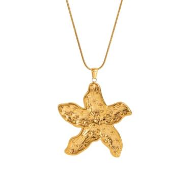 Imagem de OIDIMS Colar gargantilha feminina com estrela do mar, boho, banhado a ouro, aço inoxidável, pingente de sorte, pingente grande, corrente feita à mão, joias de férias de verão, acessório de moda para