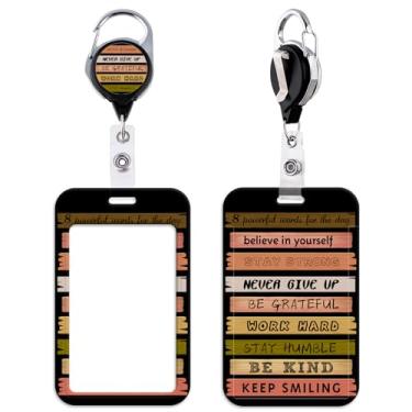 Imagem de Beemorita Porta-crachá retrátil preto com citação positiva, carretel retrátil, clipe legal para chaves e crachás de identificação para mulheres, homens, meninas, meninos, professores, trabalho, escola