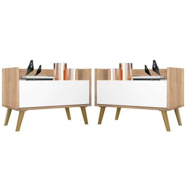 Imagem de Kit Com 2 Mesas De Cabeceira 80Cm Retrô Multimóveis V4002 Rustic/Branca/Natural