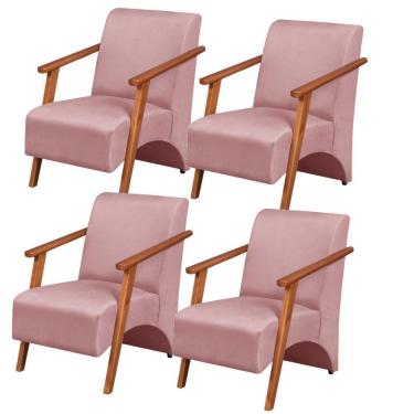 Imagem de Kit 4 Poltronas Venus 1 Lugar Braço Madeira Maciça Tecido Suede Rosa