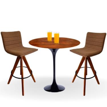 Imagem de Conjunto Mesa Bistrô Saarinen 70 Cm Tampo Pau Ferro Base Altura 105 Cm Preta + 2 Banquetas Cercatto Giratória Cor Marrom