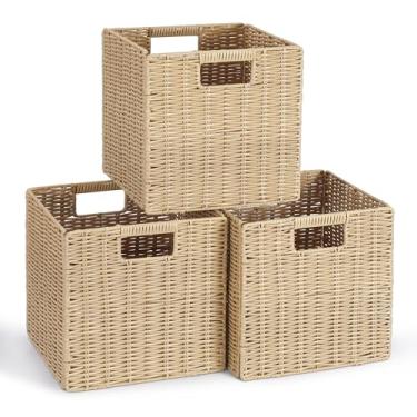 Imagem de TAIMEI&G02 Cestas de vime de plástico para armazenamento de cubos, cesta quadrada dobrável de vime, cubo de armazenamento de vime, cestas quadradas para prateleiras (bege (pacote com 3))