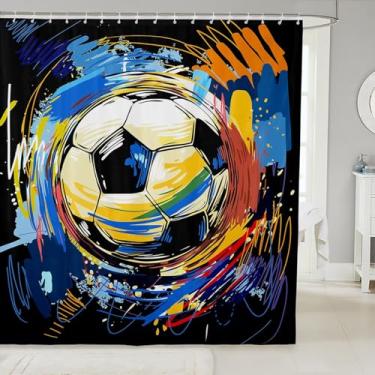 Imagem de jejeloiu Cortina de banho para meninos futebol futebol esporte cortina de banho para crianças estilo grafite acessórios à prova d'água com 12 ganchos preto colorido poliéster impermeável 182 x 182