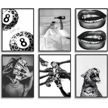 Imagem de 6 peças de arte de parede em tela de leopardo na moda preto branco moda com estampa de guepardo pôsteres vintage funky cheers decoração de parede pinturas estéticas de luxo para dormitório feminino