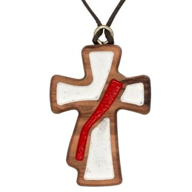 Imagem de Colar de cruz de diácono de madeira | Pingente de 4,4 cm em cordão marrom | Cruz de madeira com incrustações brancas e vermelhas | Ótimo presente católico para ordenação