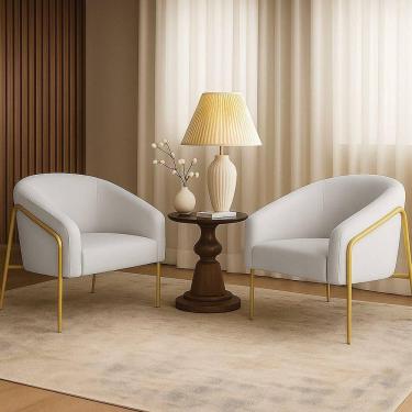 Imagem de Poltrona Sala Industrial Alta Dourado Kit 2 Stella Linho Cinza D03 - D`rossi