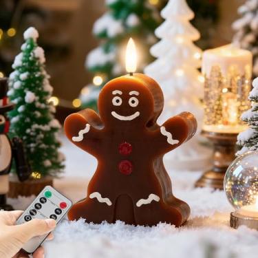 Imagem de Vela de Natal em forma de homem de gengibre sem chama com controle remoto, velas de LED de chama cintilante 3D para casa de Natal e decoração de ano novo, perfeita para decoração de festa de véspera
