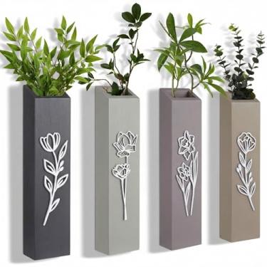 Imagem de Bucherry Pacote com 4 vasos de parede de madeira, modernos, neutros, boêmios, com design floral 3D, vasos de bolso para casa de fazenda para flores secas e plantas de vegetação sintética para sala de