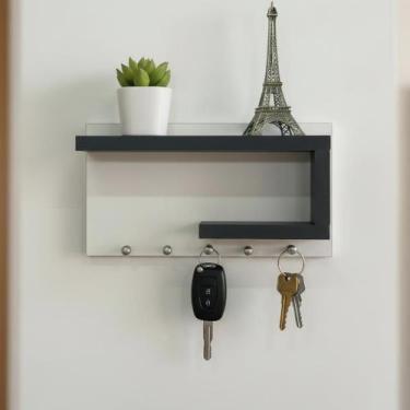 Imagem de Porta chaves Branco com Preto em MDF Organizador Decoração para casa -