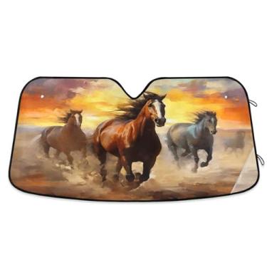 Imagem de ATTX Para-brisa de carro vermelho laranja marrom cavalos 134.6 cm x 59.7 cm escudo solar universal com proteção UV, persiana de janela frontal automática dobrável para caminhões Sedans SUVs #478