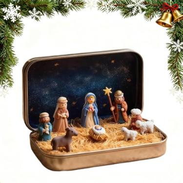 Imagem de Mini Christmas Nativity Set in a Tin Box, Handcrafted Portable Nativity Scene with Mini Figurines, Resin Religious Christmas Decoration for Desk, Office, Home
