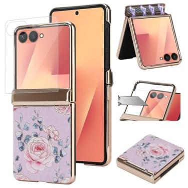 Imagem de AJDJTEN Capa para Samsung Galaxy Z Flip 7, protetor de tela integrado, protetor de dobradiça, capa de telefone de couro à prova de choque para mulheres e meninas roxo