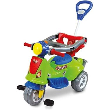 Imagem de Carrinho de Passeio Infantil Triciclo Avespa | Triciclo com Empurrador | Motoca Infantil Estilo Scooter, Haste Removível
