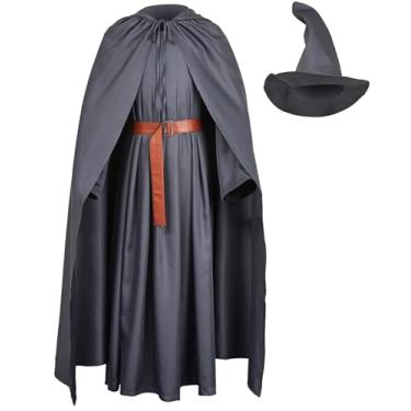 Imagem de Powumie Fantasia de feiticeiro masculina túnica renascentista adulto roupão branco com capuz capa cinto acessórios terno medieval