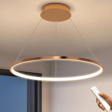 Imagem de Lustre LED moderno de 80 cm (15,7 pol.) com intensidade regulável, luminária pendente com 1 anel ajustável para teto, ideal para sala de estar, quarto, sala de jantar, cozinha e ilha (dourad