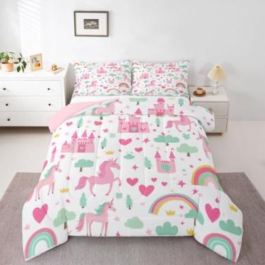Imagem de jejeloiu Conjunto de cama de castelo rosa macio para meninos e meninas, unicórnio, edredom de princesa, de microfibra, contos de fadas, 2 peças com 1 fronha