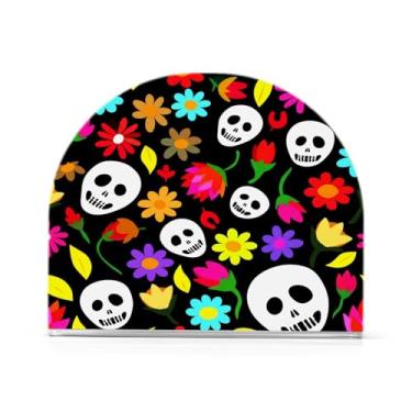 Imagem de JUZIHAI Suporte de guardanapo de caveira de Halloween para mesa dispensador de guardanapo de acrílico para mesa suporte de lenços independente para cozinha sala de jantar bar festa decoração de casa