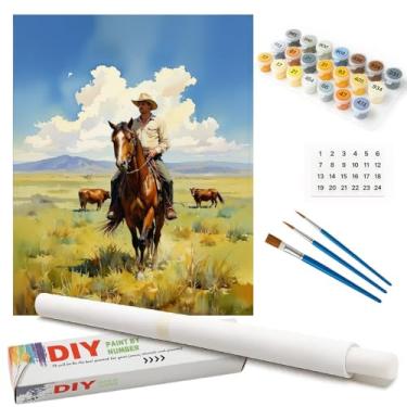 Imagem de Kit Western Paint by Numbers para adultos – Pintura de cowboy montando cavalo na pradaria em tela enrolada 40 x 50 cm, conjunto de tinta acrílica, adequado para iniciantes, arte rústica para decoração