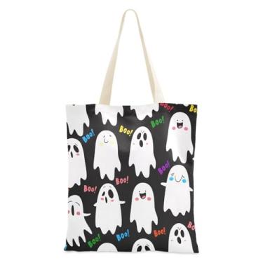 Imagem de Qilmy Sacola de lona Halloween Boo Ghosts, bolsa de ombro reutilizável com fecho magnético para festa de Halloween, 38 x 41 cm