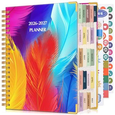 Imagem de Agenda 2025-2027, agenda semanal e mensal de 21 meses de outubro de 2025 a junho de 2027, grande 21,6 x 28 cm, agenda diária de couro com abas, perfeita para trabalho, escola, casa, penas coloridas