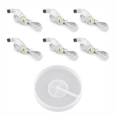 Imagem de 6 peças de molde de resina de silicone com luz LED – molde de lâmpada base de exibição de atividade redonda, moldes de epóxi luminosos alimentados por USB para decoração de casa DIY