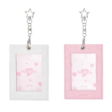 Imagem de NICENEEDED 2 porta-cartões fotográficos K-pop com corrente de metal, estojo protetor rígido para cartão com chaveiro com clipe de estrela, pingentes decorativos para crachá