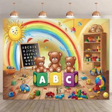 Imagem de Sol arco-íris brinquedo urso jardim de infância pano de fundo letras ABC números estação escolar colorido sala de aula banner pano de fundo para volta às aulas primeiro dia de escola temporada e chá