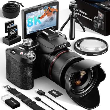 Imagem de NBD Câmeras digitais 8K para fotografia, câmeras vlogging de 64 MP, zoom óptico de 16x, câmeras digitais fotográficas com tela flip de 180°, lente de 58 mm, 2 baterias, cartão de 64 GB (preto)