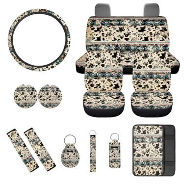 Imagem de gearider Capa de assento de carro asteca do sudoeste conjunto completo com capa de volante, almofadas de cinto de segurança, apoio de braço, porta-copos, estampa de vaca, porta-batom, 13 peças