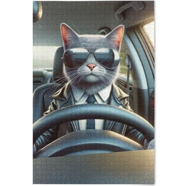 Imagem de Quebra-cabeças engraçados de carro de condução de gato 1000 peças para adultos presentes engraçados de tecnologia de jogos legais Prime cenário decoração de arte animal, 75 x 50 cm