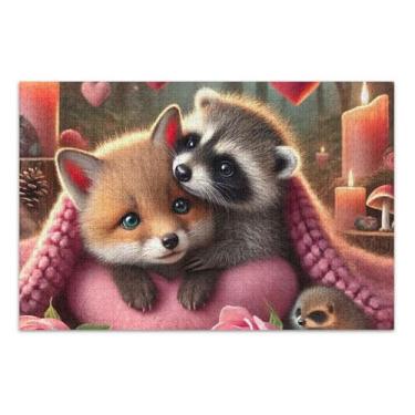 Imagem de Quebra-cabeça para adultos 500 peças amigos família presentes de jogo difícil grande quebra-cabeça brinquedo arte raposa guaxinim aconchegante noite de amor, 20,5 x 14,9 polegadas