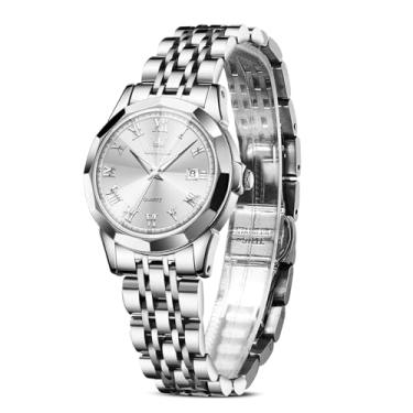 Imagem de OLEVS Relógio feminino de luxo, à prova d'água, prata, analógico, quartzo, aço inoxidável, relógios de pulso casuais para mulheres, rosto pequeno, com data para mulheres, Prata - L9990, round