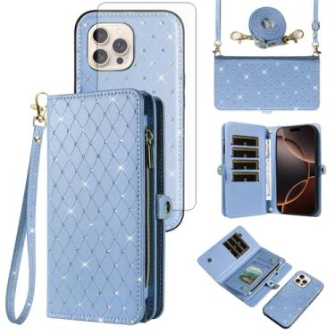 Imagem de Capa de celular para iPhone 16 Pro Max 6,9 polegadas com zíper carteira celular com alça protetora de tela de vidro temperado com glitter flip compartimento para cartão i Phone16 16Pro i16 ProMax