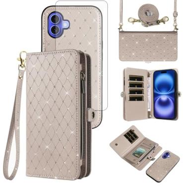 Imagem de Capa de celular para iPhone 16 Plus 6,7 polegadas com zíper carteira destacável com protetor de tela alça transversal alça flip glitter porta-cartão slot i Phone16 16+ i16 + 16Plus mulheres homens