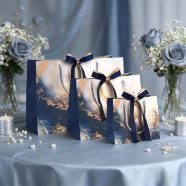 Imagem de DONQE Sacos de presente de papel com alças e fita de laço, sacos de brindes S+M+L a granel, sacolas reutilizáveis de festa para aniversário, Natal, casamento, azul