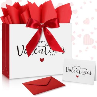 Imagem de Kolldenn 1 pacote de sacos de presente de dia dos namorados com cartões de felicitações de papel de seda, saco de papel de embrulho de presente de dia dos namorados com alças e laço de fita para ele