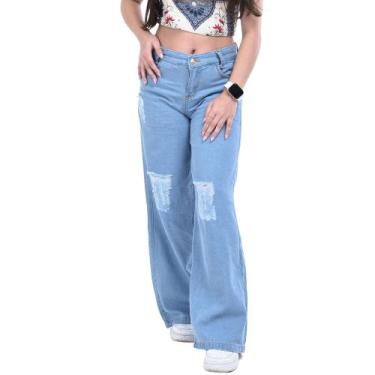 Imagem de Calça wide leg jeasn feminino bolso pantalona denim infantil juvenil -
