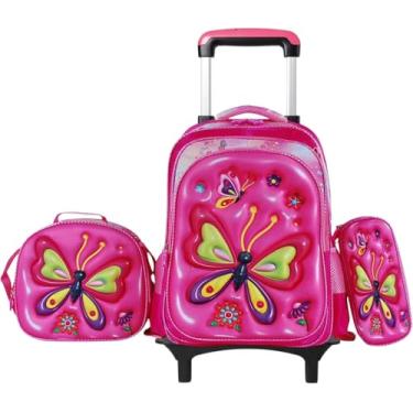 Imagem de Mochila escolar de rodinhas com LED, kit 3 peças com mochila. lancheira forrada e estojo, para meninos e meninas de 6 a 12 anos (BORBOLETA)
