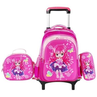 Imagem de Mochila escolar de rodinhas com LED, kit 3 peças com mochila. lancheira forrada e estojo, para meninos e meninas de 6 a 12 anos (MENINA)