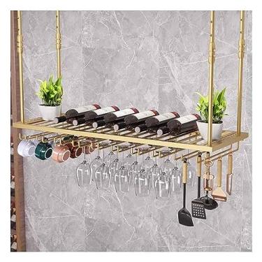 Imagem de SGeneE Rack de vinho suspenso com suporte de vidro barra suspensa ajustável suporte de copo de vinho suporte de garrafa de teto prateleiras de vinho perfeitas para kitche de bar (ouro 120 x 35 cm)