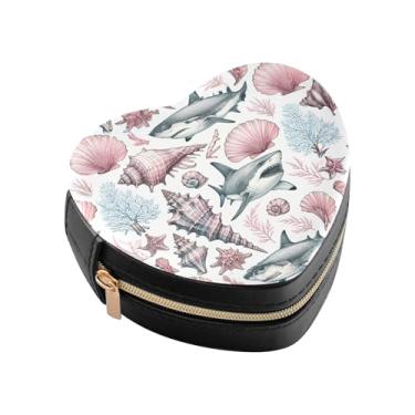 Imagem de Burbuja Caixa de joias rosa pastel conchas tubarões em forma de coração mini estojo de joias de viagem para mulheres meninas, estojo portátil organizador de armazenamento para brincos, anéis, colares