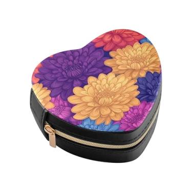 Imagem de Burbuja Caixa de joias em forma de coração de crisântemo mini estojo de joias de viagem para mulheres e meninas, estojo portátil organizador de armazenamento para brincos, anéis, colares e pulseiras