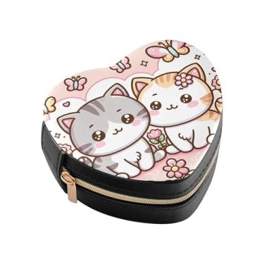 Imagem de Burbuja Caixa de joias em forma de coração de gatos fofos, mini estojo de viagem para mulheres e meninas, organizador portátil de armazenamento para brincos, anéis, colares e pulseiras